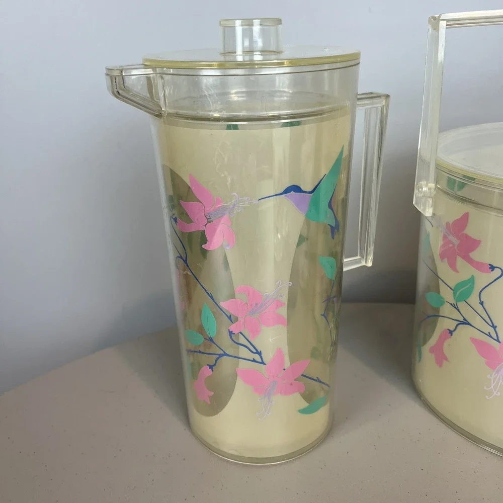 H J Stotter Hummingbird Acrylic Drink Set 4 Tumblers Ice Bucket & Pitcher 1980s